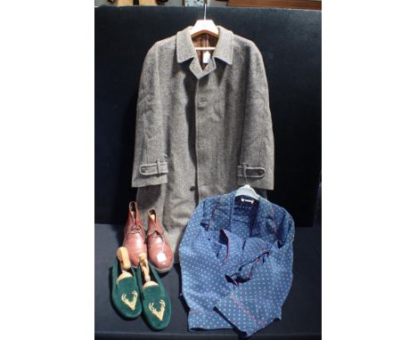 A CROMBIE FOR HOUSE OF FRASER HERRINGBONE OVERCOAT 42r, with a pair of Sebago leather shoes size 9 1/2, a pair of Berk slippe