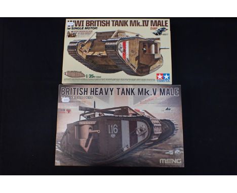 TAMIYA MODEL KIT WWI BRITISH TANK Mk.IV MALE, MOTORIZED. SET INCLUDES 5 FIGURES OF WWI BRITISH INFANTRY. with Meng Model kit 