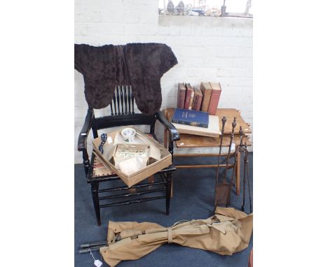 TWO MID-CENTURY MODERN TABLES, A CHAIR, A FUR CAPE a Mah-jong set, a miser's purse, steel fire tools, books (inc Shakespeare;