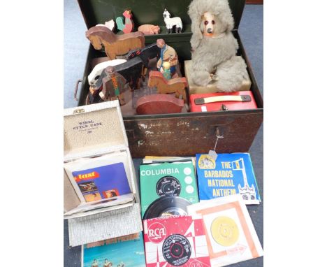 A TIN TRUNK, WOODEN TOYS 45rpm records, 78s etc