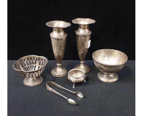 A PAIR OF NEOCLASSICAL STYLE SILVER VASES, CHESTER 1913 silver bon-bon dish, salt and basin, and a pair of plated tongs (6)