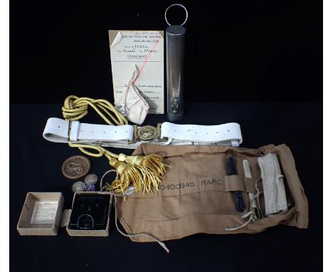 A MAGNETIC MARCHING COMPASS, Mk 1 a Coldstream Guards belt, a Royal Armoured Corps badge (as issued), and other items