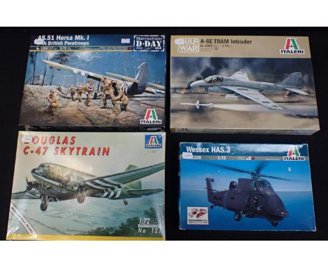 FOUR ITALERI BOXED MODEL KITS including A-6E TRAM Intruder, AS.51 Horsa MK.I, Douglas C-47 Skytrain and Wessex HAS.3. All mod