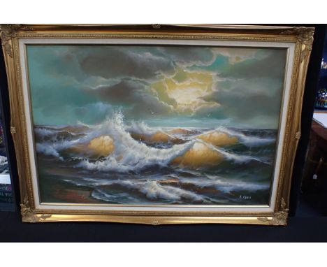 R. CRISTI (20TH CENTURY), BREAKING WAVES oil on canvas 61 x 92cm, gilt swept frame 