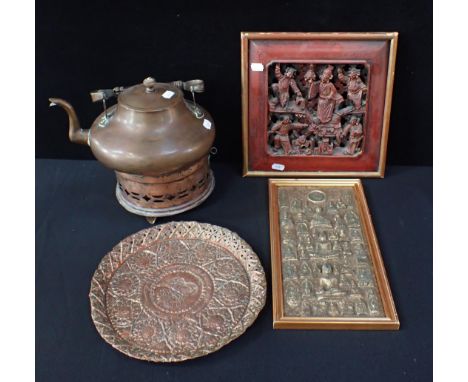 A CHINESE CARVED AND PIERCED PANEL 26 x 27cm, a repousse copper tray, a Buddhist deity plaque, and a copper kettle