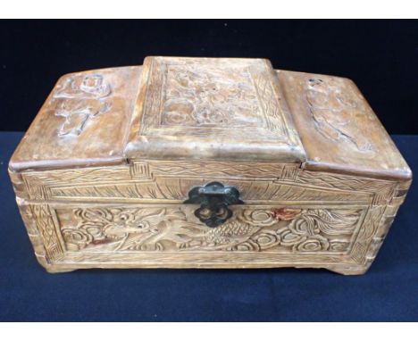 A CHINESE CARVED CAMPHORWOOD MINIATURE CHEST  33cm wide