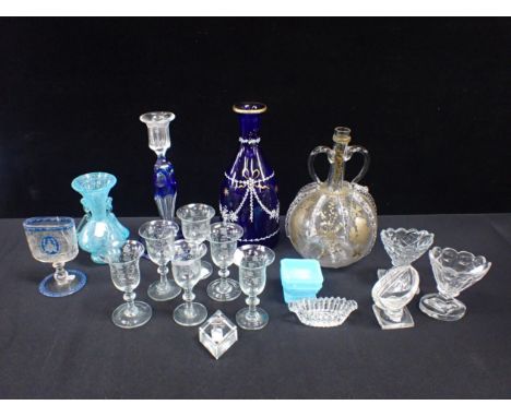 A VENETIAN TRAILED AND GILT GLASS FLASK (damaged) an overlaid glass candlestick (a/f) Georgian salts, and other glass ware (s