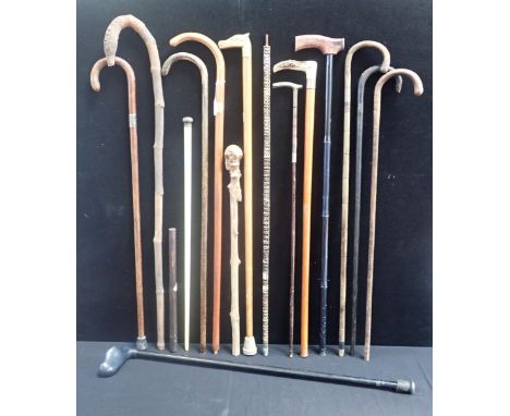 A COLLECTION OF WALKING STICKS, ONE WITH 18ct GOLD MOUNT by Brigg,  one vertebrae stick (a/f), one silver-mounted and various