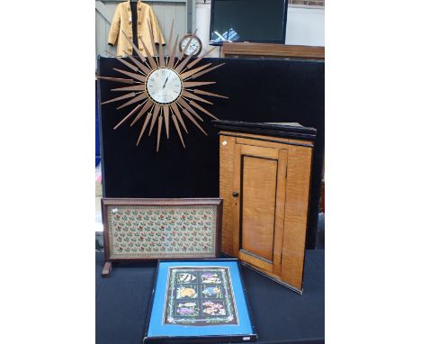 A 19TH CENTURY SATINWOOD AND EBONISED HANGING CORNER CABINET of small proportions 73cm high, a retro sunburst clock, a wool w