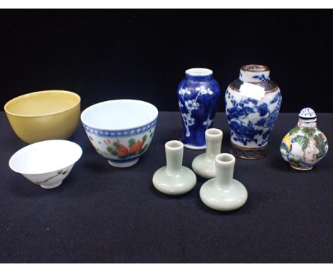 A  CHINESE ENAMEL SNUFF BOTTLE, AND SMALL PORCELAIN ITEMS some with Qianlong mark (9)