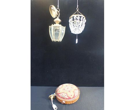 A SMALL CHANDELIER WITH PRISMATIC DROPS 15.5cm dia, another light fitting with bevelled glass panels, and a Victorian footsto