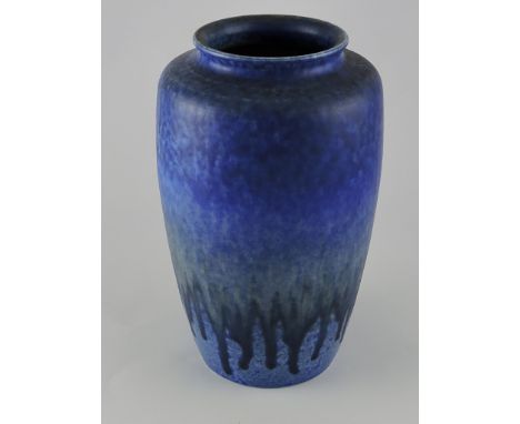 A Ruskin Pottery baluster vase, with graduated blue dribble glazes, the base with 'Ruskin' mark and incised signature of Will