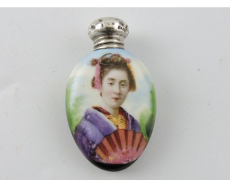 An Edwardian silver mounted porcelain scent bottle decorated with a portrait of a Geisha, Birmingham 1903, H. 6cm.