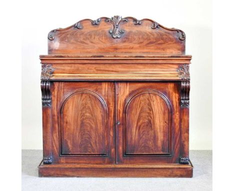 A 19th century mahogany chiffonier, with a shaped gallery back, on a plinth base150w x 57d x 124h cmOverall condition is soli