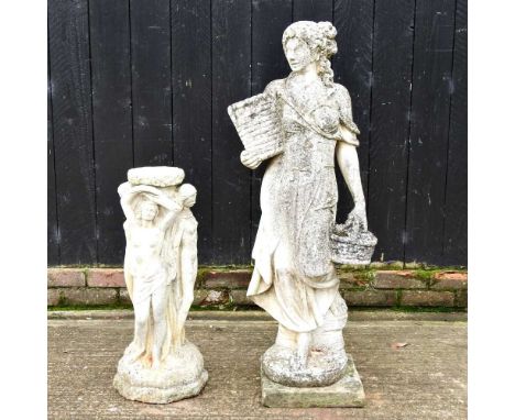 A cast stone garden statue of a lady, holding a basket, 115cm high, together with a three graces pedestal (2)40w x 31d x 115h