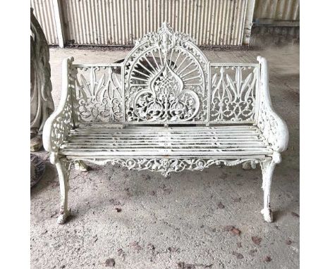 A cast iron Coalbrookdale style white painted garden bench, of peacock design, on a splayed base. The pair to lot 13.119w x 5