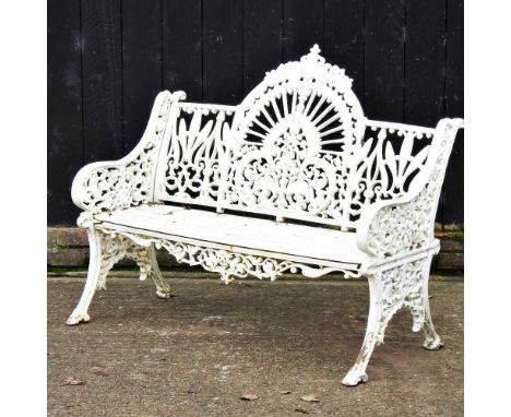A cast iron Coalbrookdale style white painted garden bench, of peacock design, on a splayed base. The pair to lot 275.119w x 