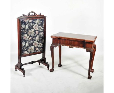 A George I style folding tea table, early 20th century, on claw and ball feet, together with a Victorian tapestry firescreen 