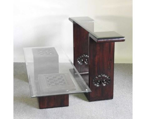 A Chinese glass top console table, 149cm wide, together with a matching coffee table, with a glass top (2)149w x 30d x 85h cm