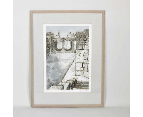 ARR Valerie Thornton, 1931-1991, The Bridge at Vendome, etching and aquatint, signed, dated '86, titled and numbered 17/70 in