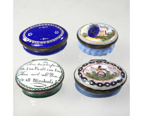 An 18th century South Staffordshire enamel patch box, inscribed 'Thou has no fault', 4cm wide, together with three various en