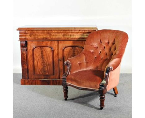 A Victorian mahogany chiffonier, together with a Victorian red upholstered button back armchair (2)123w x 95h x 54d cm