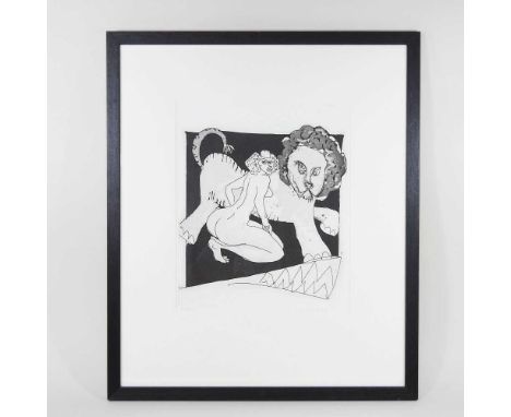 ARR John Kiki, b1943, woman with a lion, etching, signed and numbered 20/50 in pencil to the margin, 31 x 26cm