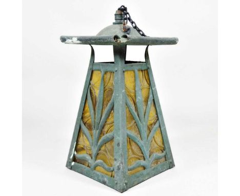 An Arts and Crafts lantern, circa 1900, with coloured glass panels16w x 16d x 29h cmOverall condition is very diry and marked