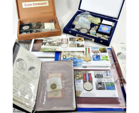 A collection of Victorian and later coins, The Penny Black stamp commemorative cover and collector's medals