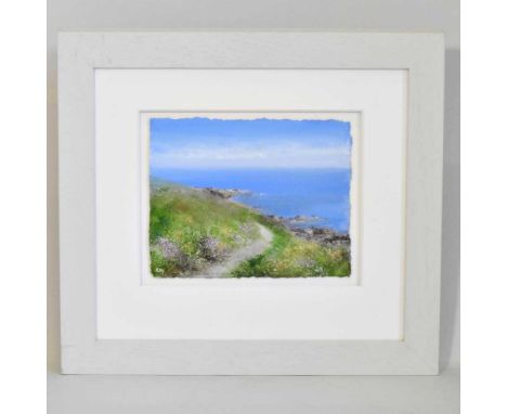 ARR Amanda Hoskin, contemporary, Coastal Path from Lamorna Cove, Cornwall, signed oil, 17 x 21cm, inscribed and dated 2015 ve