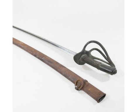 A 19th century French cavalry sabre, with a wire bound grip, the steel blade, engraved and dated 1874, in a metal scabbard, 1