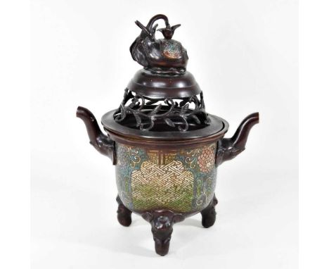 A Chinese bronze and champleve enamel koro and cover, probably 19th century, the pierced removable lid surmounted by an eleph