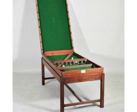 A Victorian mahogany folding bagatelle, on a later stand, with cues and balls122l x 62w x 66h cm