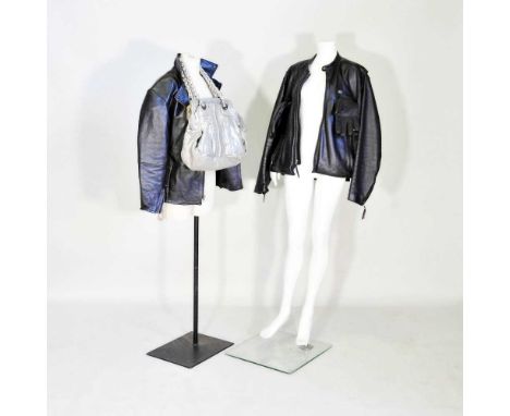 A black leather Harley Davidson motorcycle jacket, together with a ladies black leather biker jacket, a pair of leather glove