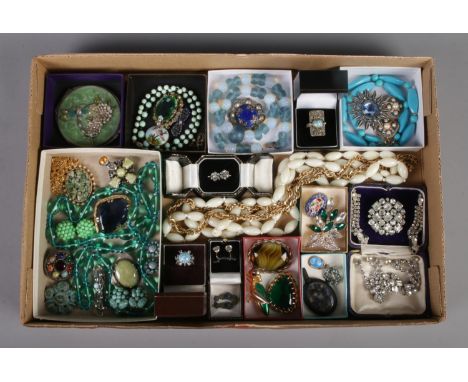 A tray of assorted vintage costume jewellery, to include micro-mosaic brooch, Austrian dress ring, dragonfly folding mirror a