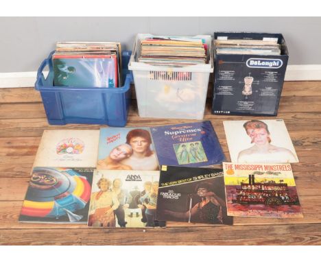 Three boxes of vinyl LP records of mainly pop and easy listening including David Bowie, Jeff Lynne's Electric Light Orchestra