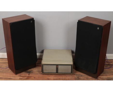 A Bush Monarch portable record player along with a pair of AR speakers.  