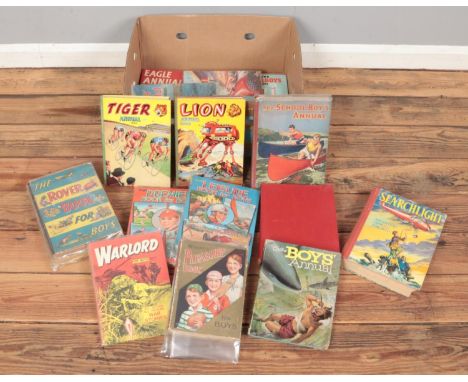 A box of mostly annuals for boys. Includes Warlord, Lion, The Rover Book, etc.  