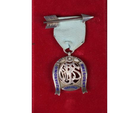 A silver fob on blue ribbon with arrow badge, awarded to PJ Harding, President 1967-68. Assayed for Birmingham, 1968 by Thoma