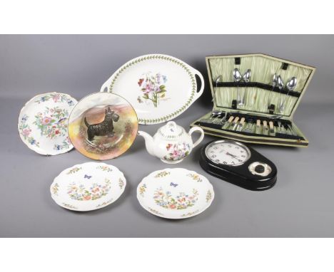 A mixed box of Port Meirion, Royal Doulton and Aynsley ceramics along with a mixed canteen of cutlery and Jones  clock timer.