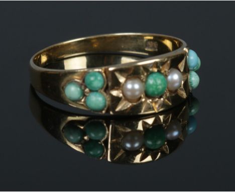 A Victorian Gold, Turquoise and Pearl multi-stone ring. Stamped 15 to the inside of the band. Size PÂ½. Total weight: 3.0g  