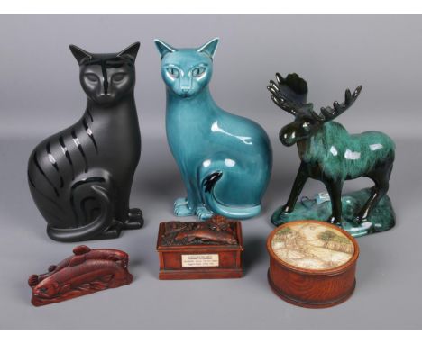 A collection of assorted ceramics including Poole Cat, Blue Mountain Pottery Moose and three boxed History Craft figures.  