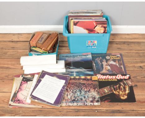 A box of LP records to include Klaus Wunderlich, Reginald Dixon and Status Quo along with a box  of games and other collectib
