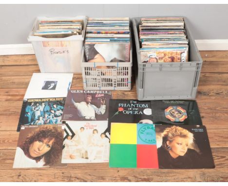 Three boxes of vinyl LP records of mainly pop and easy listening to include Cliff Richard, James Last, Elaine Paige, Jeff Lyn