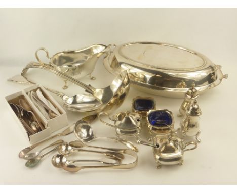 E.P. oval entree dish, a soup ladle, a serving spoon and various condiments & other items.