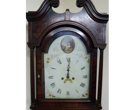 Eight day longcase clock, the painted and enamel dial with a classical figure in the arch, seconds hand and date aperture, in