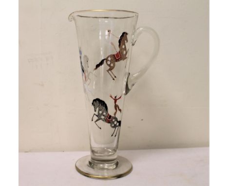 Art Deco glass lemonade jug of flared form with polychrome enamel decoration of circus performers on horseback, in the manner