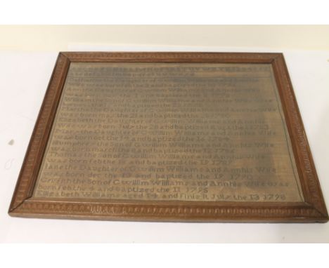 Late 18th century sampler by Ellizabeth Williams, aged 14, finished July 13, 1798, worked in black thread on linen ground wit