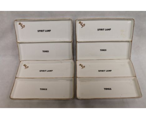 Set of four Victorian porcelain rectangular divided trays, each inscribed "Spirit Lamp" and tongs with gilt crowned initial L