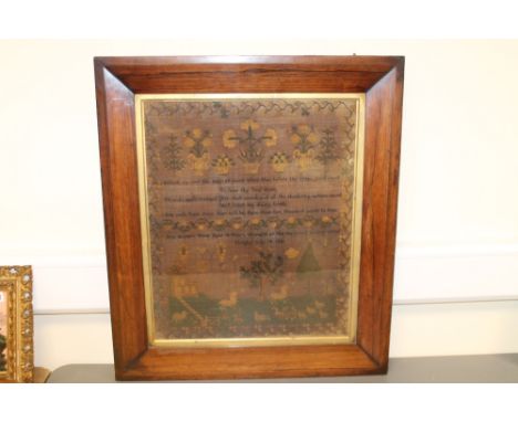 Victorian sampler worked in polychrome silk threads by Jane Quine Douglas, July 10, 1832(?), with verse, landscape with anima